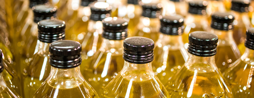 Bottiglie di olio extravergine di oliva allineate su un nastro di produzione, pronte per la distribuzione all’ingrosso.