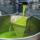 Macchinario industriale per l’estrazione dell’olio extravergine d’oliva: olio verde brillante che scorre da un tubo in acciaio inox in un contenitore durante il processo di spremitura a freddo.