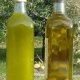 Bottiglie di olio extravergine di oliva, una dal colore verde brillante e una più dorata, posizionate all’aperto con un uliveto sullo sfondo.