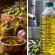 Confronto tra olio extravergine di oliva artigianale e industriale: a sinistra bottiglia e ciotola di olio con olive e ingredienti naturali, a destra contenitori di olio prodotto industrialmente in ambiente di lavorazione.