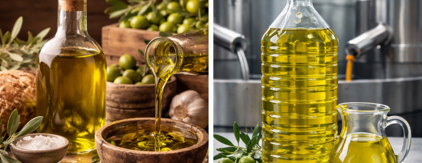 Confronto tra olio extravergine di oliva artigianale e industriale: a sinistra bottiglia e ciotola di olio con olive e ingredienti naturali, a destra contenitori di olio prodotto industrialmente in ambiente di lavorazione.