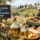 Mercato agricolo con bancarella di olio extravergine d’oliva a filiera corta, bottiglie di olio, pane e olive, con produttori che vendono prodotti locali in un paesaggio collinare.