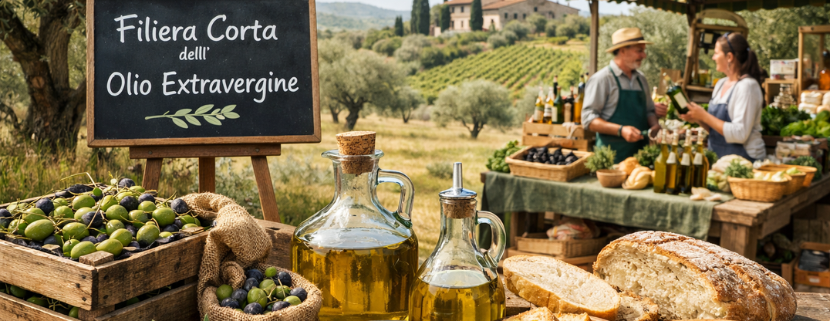 Mercato agricolo con bancarella di olio extravergine d’oliva a filiera corta, bottiglie di olio, pane e olive, con produttori che vendono prodotti locali in un paesaggio collinare.