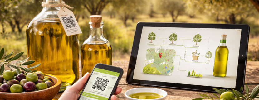 Bottiglie di olio extravergine d’oliva su un tavolo all’aperto con smartphone e tablet che mostrano QR code e tracciabilità della filiera produttiva dell’olio.