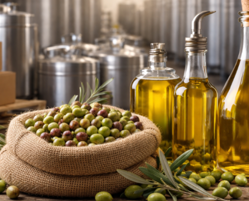 Frantoio moderno con bottiglie di olio extravergine di oliva, olive fresche e contenitori in acciaio inox, in una composizione orizzontale senza testo.