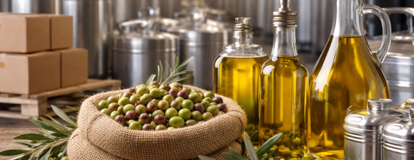 Frantoio moderno con bottiglie di olio extravergine di oliva, olive fresche e contenitori in acciaio inox, in una composizione orizzontale senza testo.