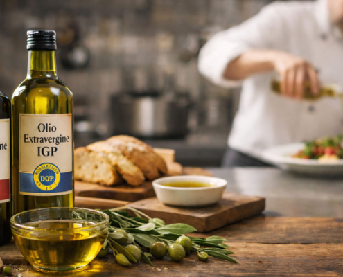 Due bottiglie di olio extravergine di oliva DOP e IGP su un tavolo in legno con olive, pane e una ciotola di olio, mentre uno chef sullo sfondo versa olio su un piatto in una cucina professionale.
