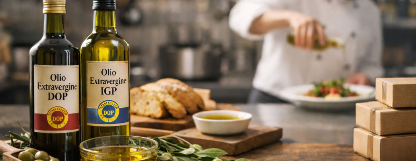 Due bottiglie di olio extravergine di oliva DOP e IGP su un tavolo in legno con olive, pane e una ciotola di olio, mentre uno chef sullo sfondo versa olio su un piatto in una cucina professionale.