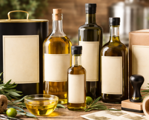 Bottiglie e lattine di olio extravergine di oliva con etichette neutre per private label, disposte su tavolo rustico con olive fresche e strumenti di confezionamento