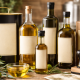 Bottiglie e lattine di olio extravergine di oliva con etichette neutre per private label, disposte su tavolo rustico con olive fresche e strumenti di confezionamento