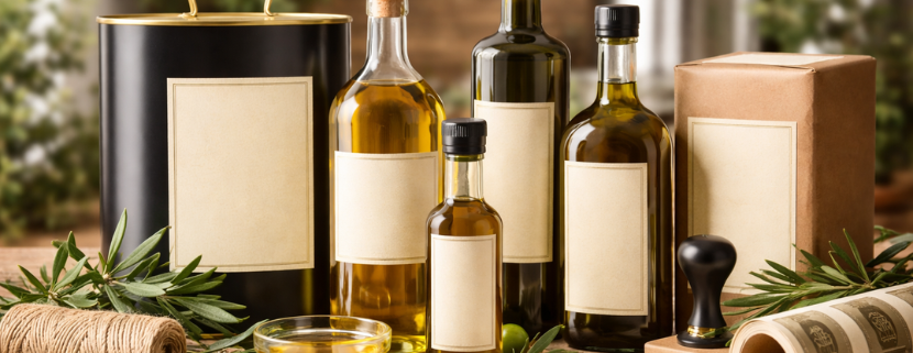 Bottiglie e lattine di olio extravergine di oliva con etichette neutre per private label, disposte su tavolo rustico con olive fresche e strumenti di confezionamento