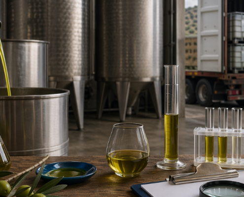 Interno di un impianto industriale per l’olio d’oliva: grandi serbatoi in acciaio sullo sfondo, olio che viene versato in un contenitore, strumenti di laboratorio e campioni di olio su un tavolo, con cisterna di trasporto visibile all’esterno.
