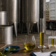 Interno di un impianto industriale per l’olio d’oliva: grandi serbatoi in acciaio sullo sfondo, olio che viene versato in un contenitore, strumenti di laboratorio e campioni di olio su un tavolo, con cisterna di trasporto visibile all’esterno.