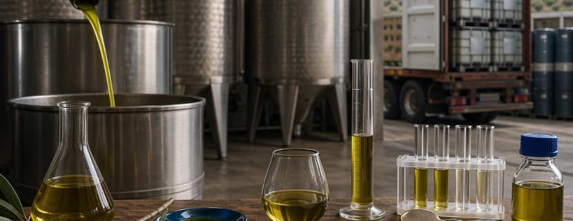 Interno di un impianto industriale per l’olio d’oliva: grandi serbatoi in acciaio sullo sfondo, olio che viene versato in un contenitore, strumenti di laboratorio e campioni di olio su un tavolo, con cisterna di trasporto visibile all’esterno.